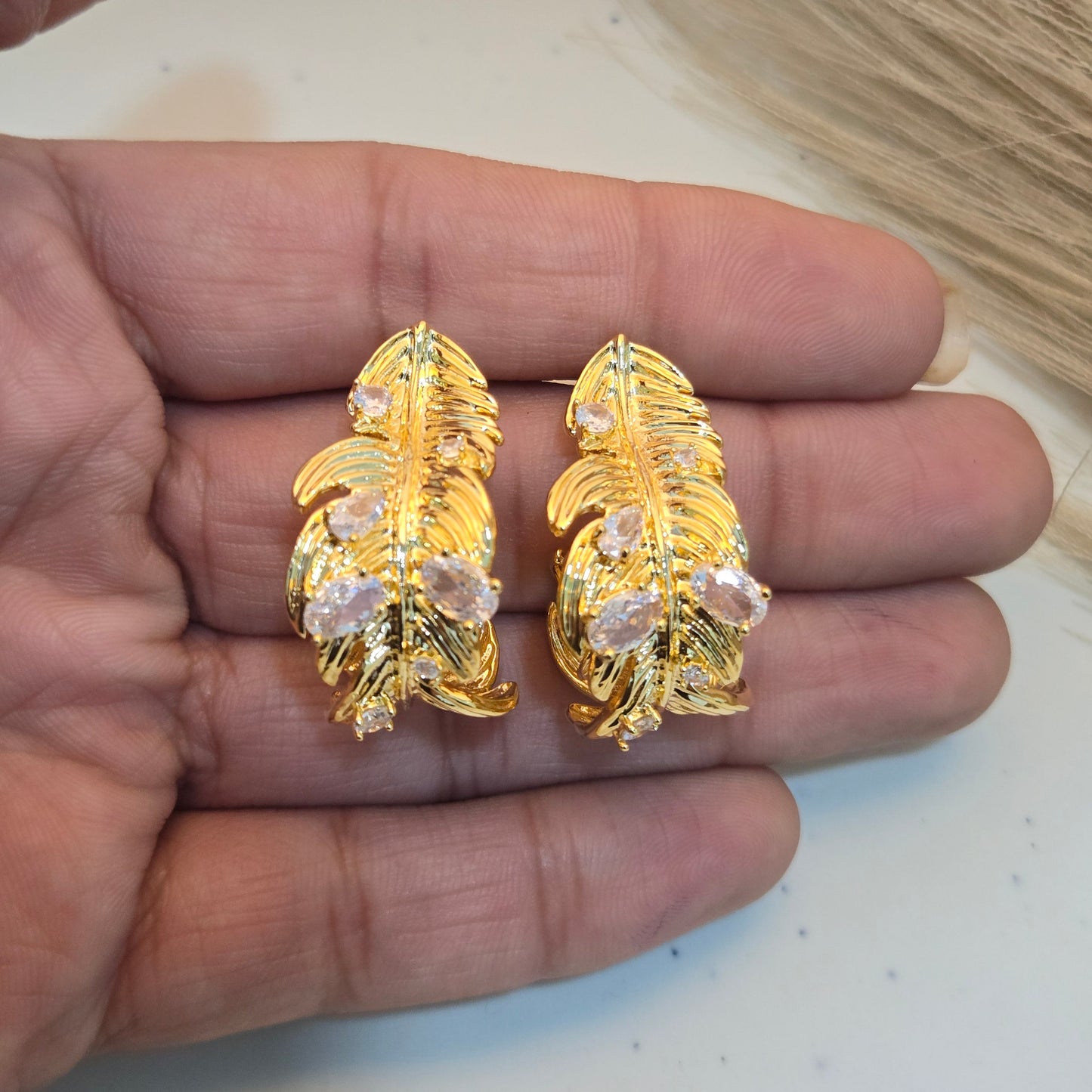 Golden Leaf Crystal Stud Earrings