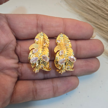 Golden Leaf Crystal Stud Earrings
