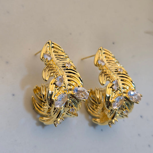 Golden Leaf Crystal Stud Earrings