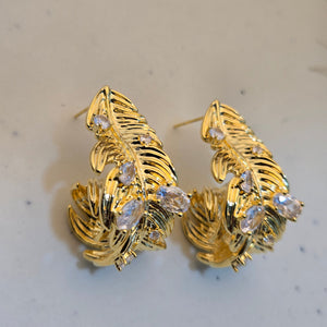 Golden Leaf Crystal Stud Earrings