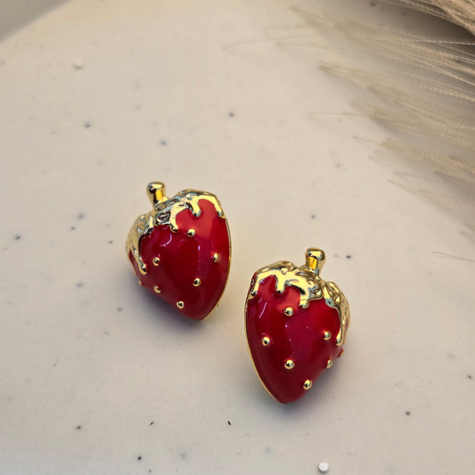 Gilded Strawberry Enamel Stud Earrings