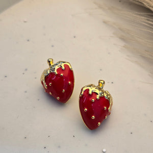 Gilded Strawberry Enamel Stud Earrings