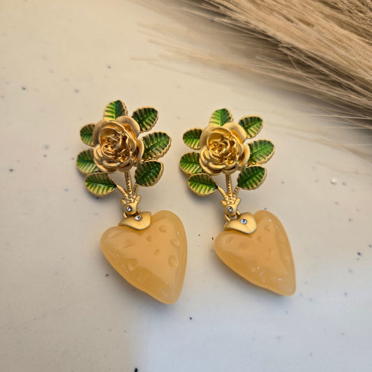 Vintage-Style Gilded Floral Strawberry Dangles