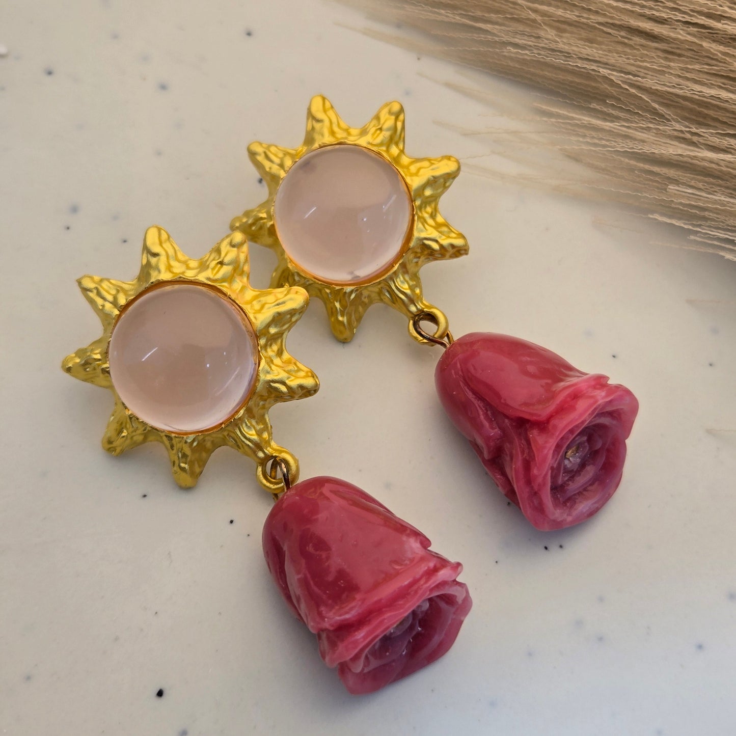 Gold Celestial Sun & Pink Rose Bud Drop Earrings