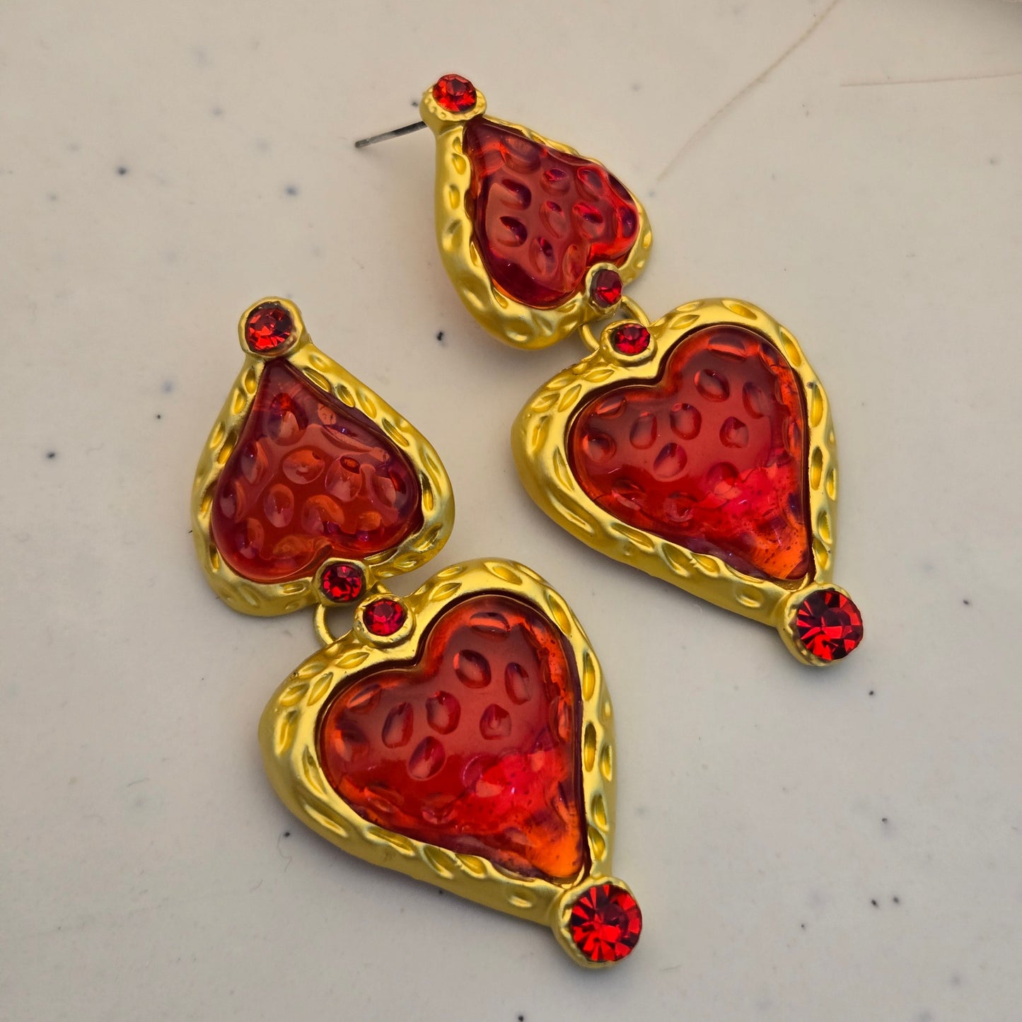 Gilded Crimson Heart Statement Earrings