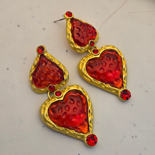 Gilded Crimson Heart Statement Earrings