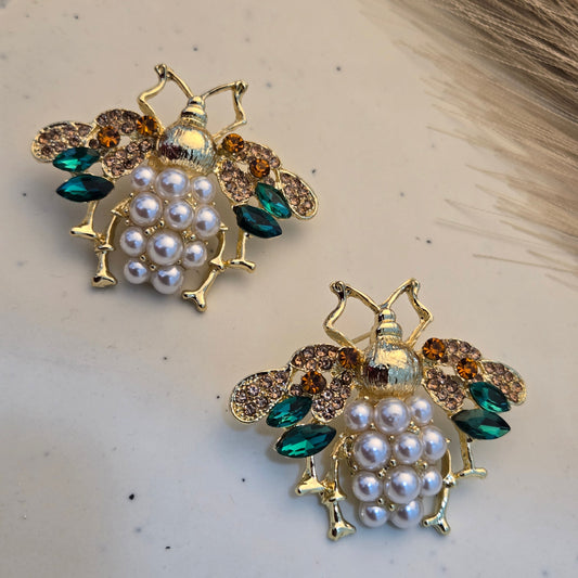 Royal Crystal & Pearl Bee Statement Earrings