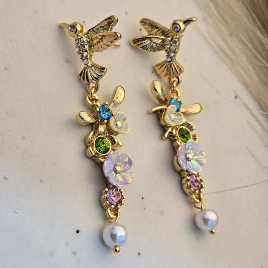 Gilded Hummingbird & Iridescent Flower Statement Drops