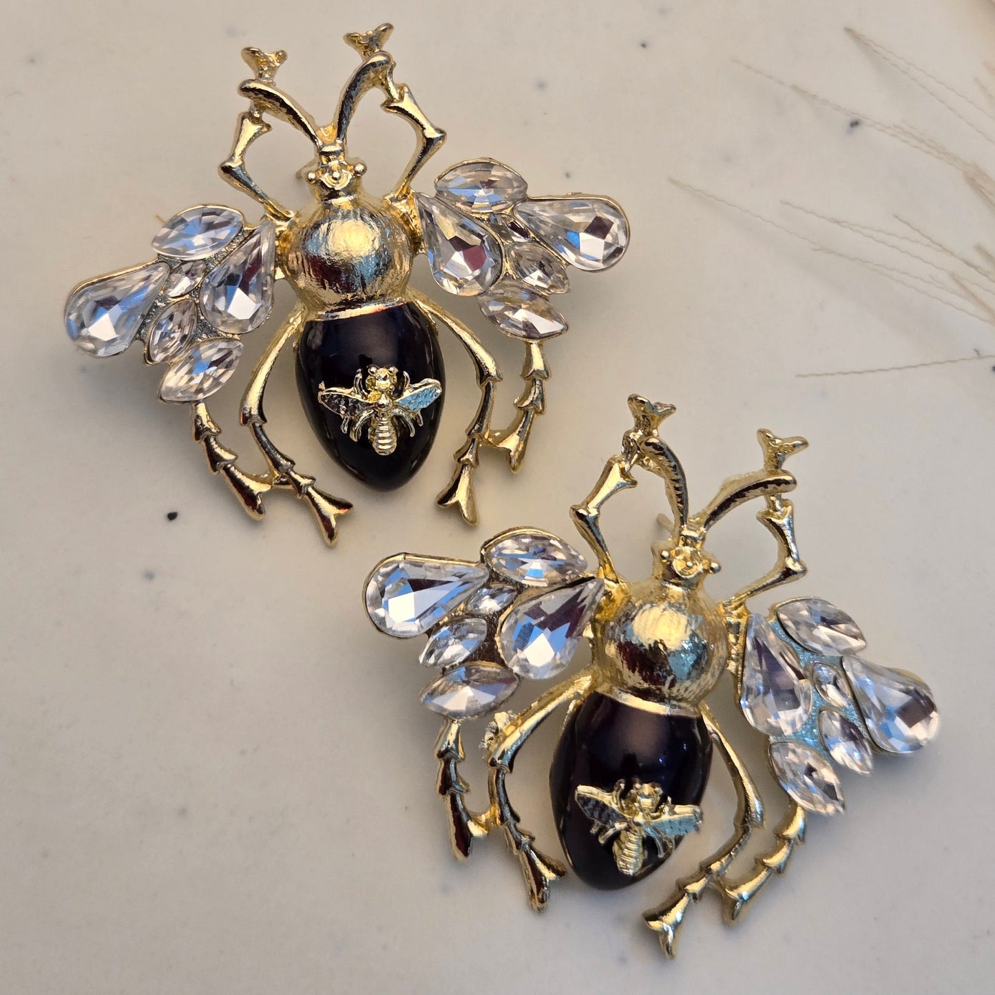 Gilded Midnight Bee Crystal Statement Earrings