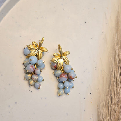 Vintage Gold Blue Grapes Drop Earrings