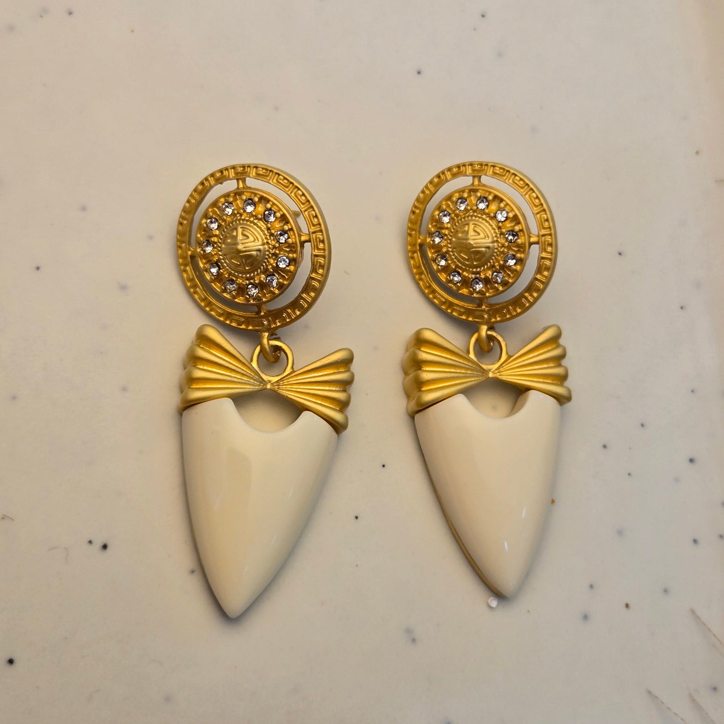 Vintage Medallion Ivory Gold Drop Earrings