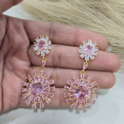 Pink Crystal Sunburst Tiered Dangle Earrings