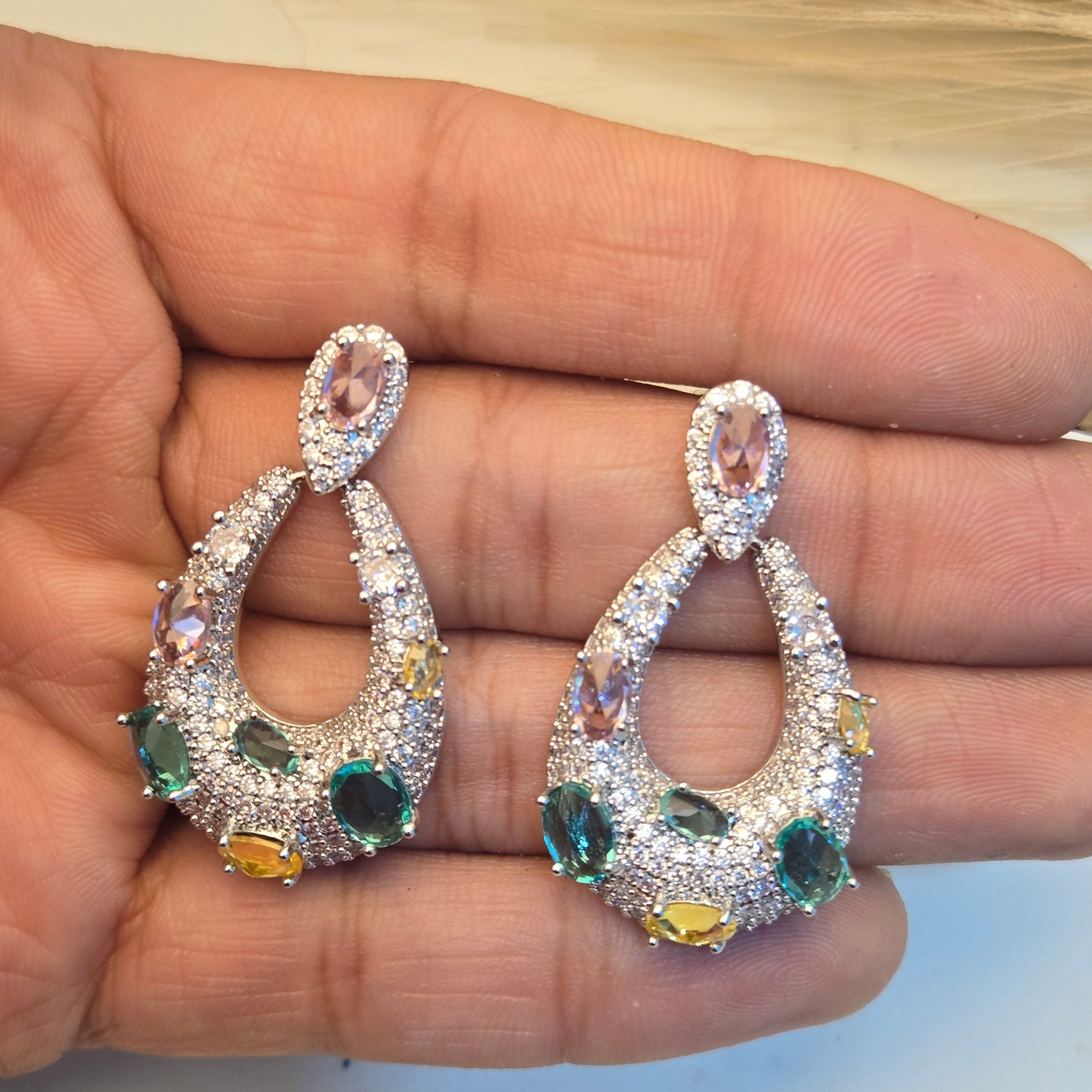 Multi-Color Gemstone Pavé Teardrop Dangle Earrings