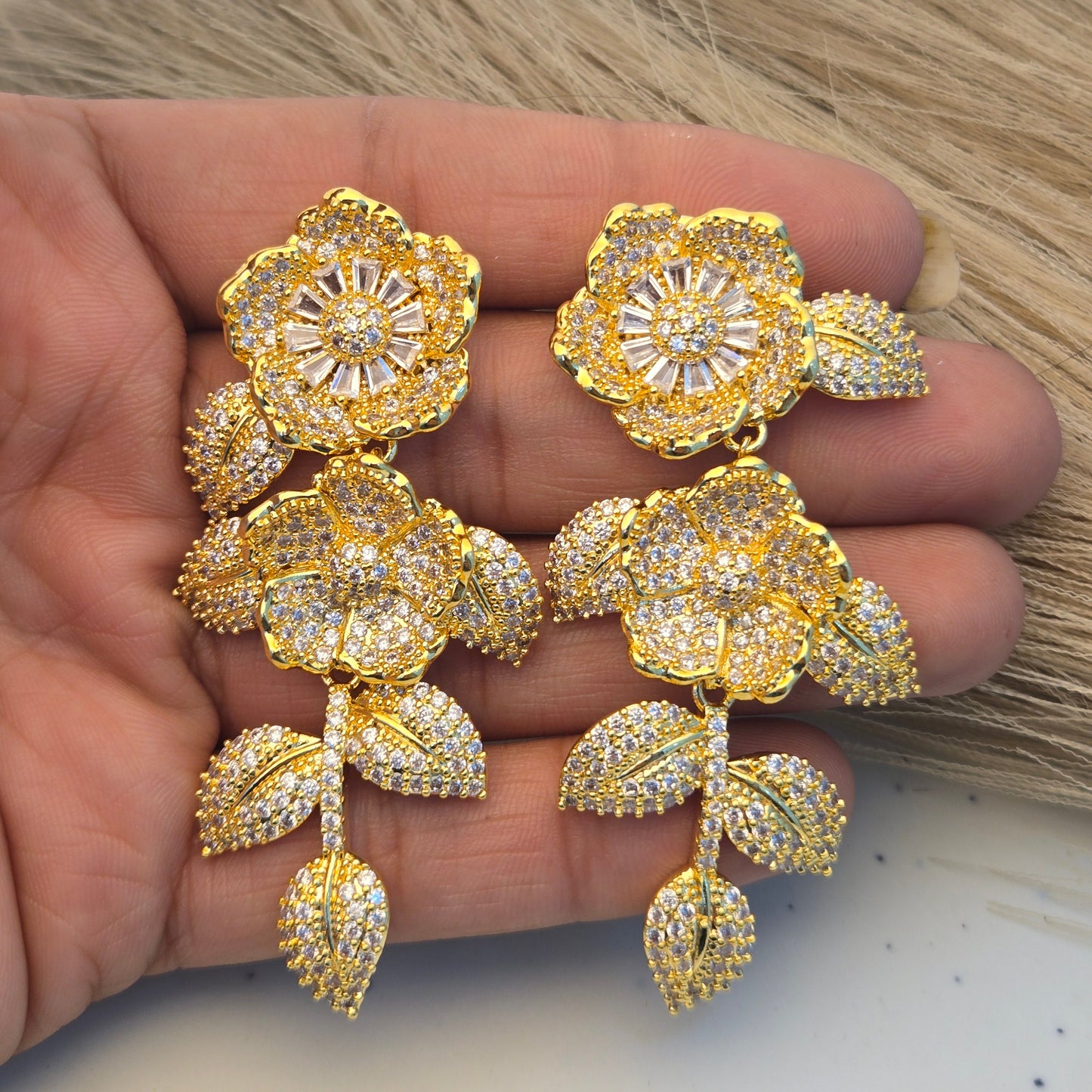 Gold Pave Crystal Flower Dangle Earrings