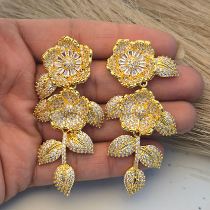 Gold Pave Crystal Flower Dangle Earrings