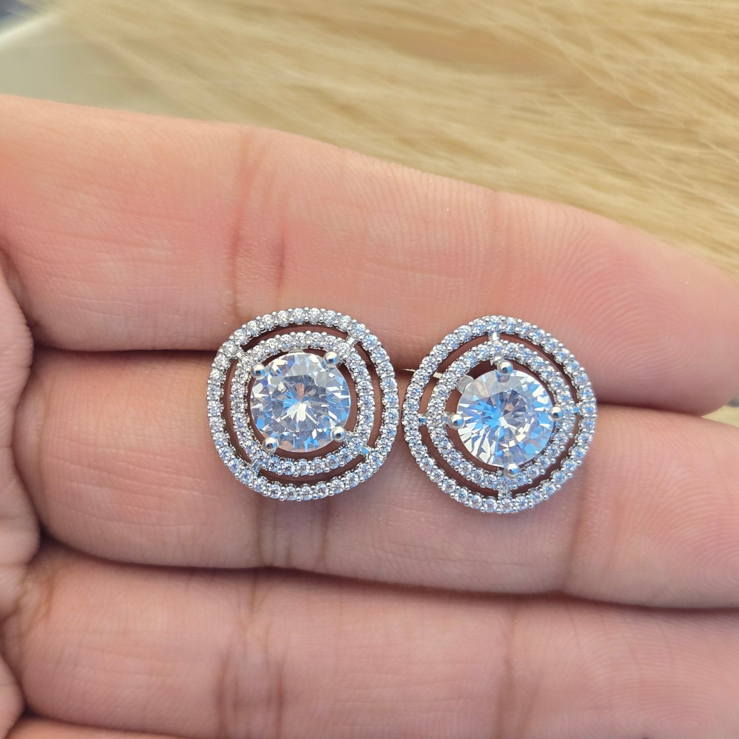 Silver Cubic Zirconia Halo Stud Earrings
