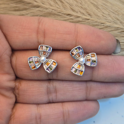 Silver Pavé Bow Earrings with Center Pearl