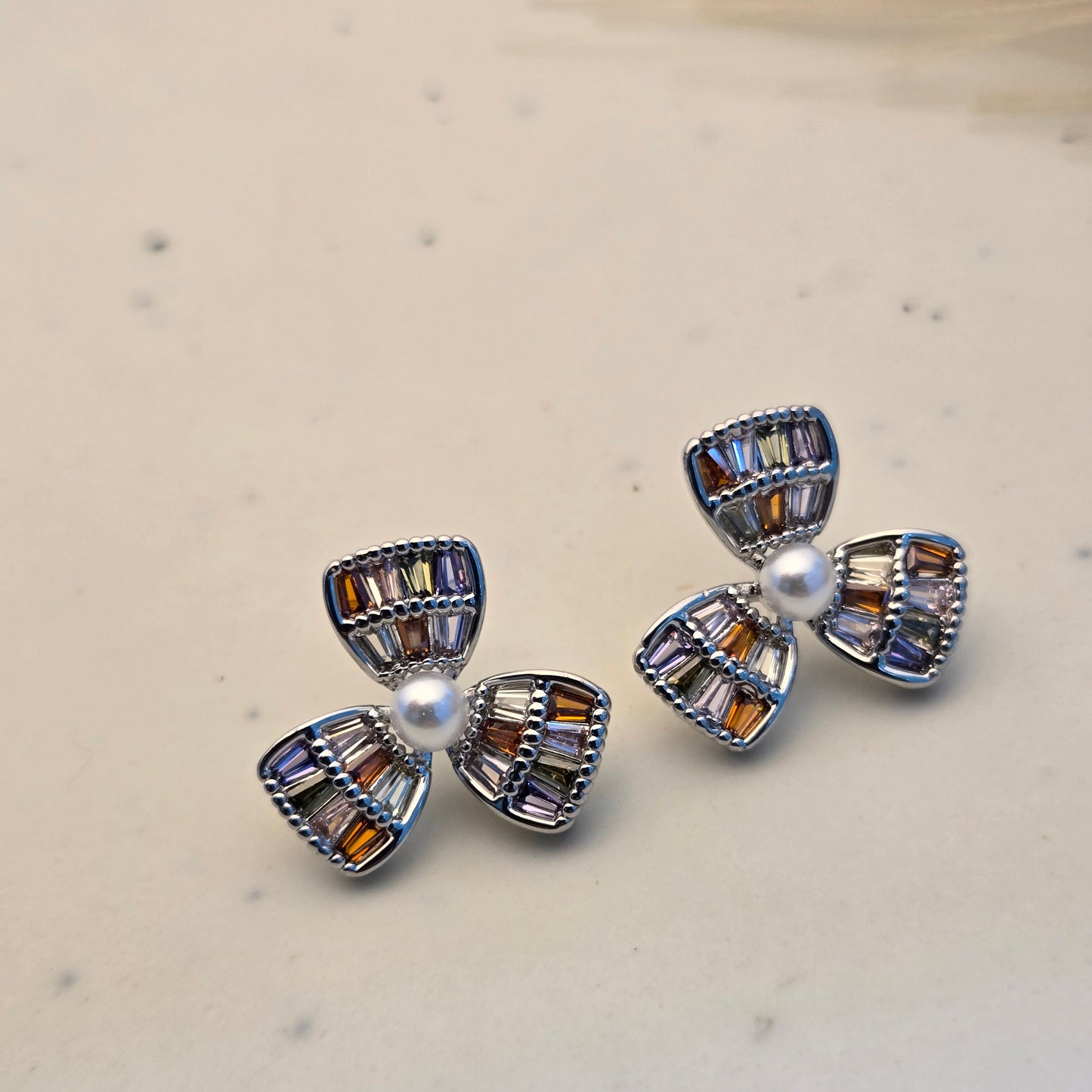 Silver Pavé Bow Earrings with Center Pearl