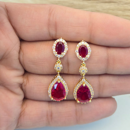 Ruby Crimson Pear Halo Drop Earrings