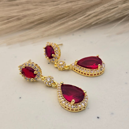 Ruby Crimson Pear Halo Drop Earrings