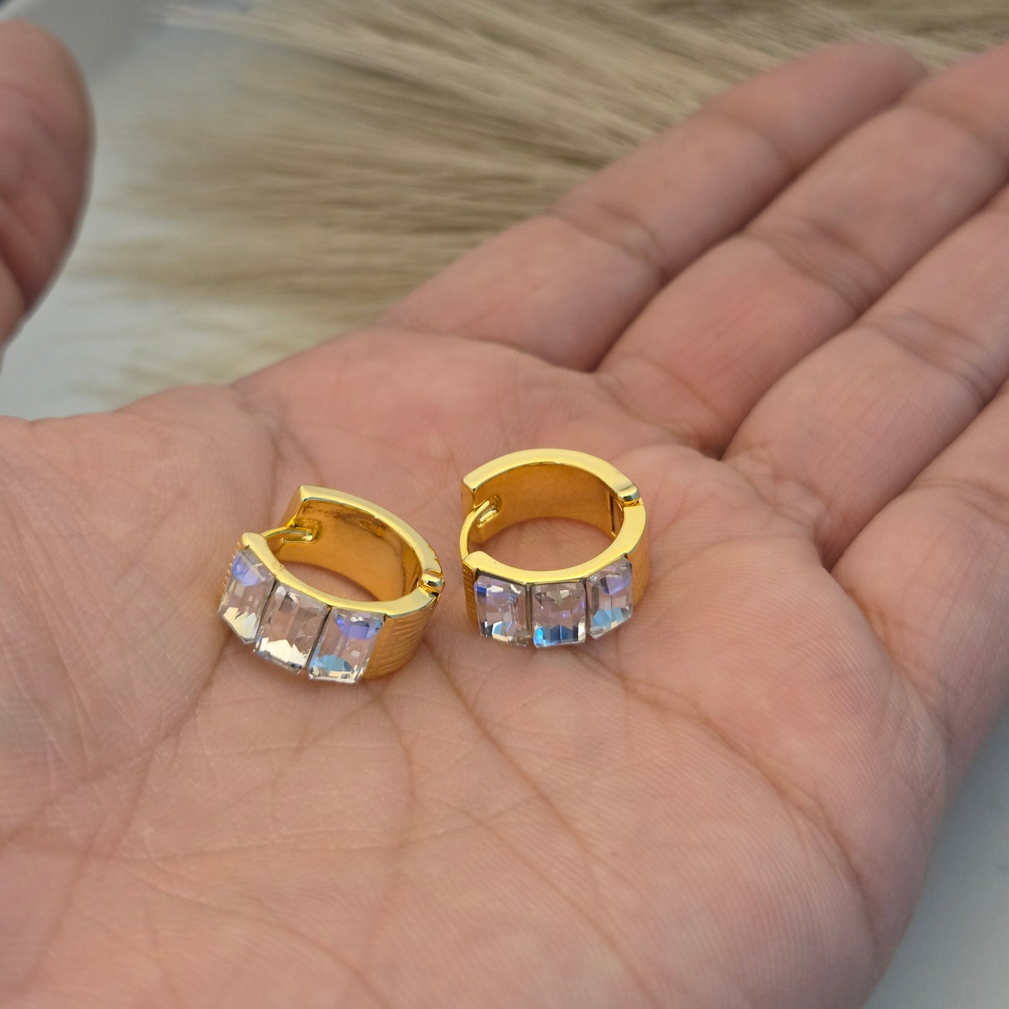 Luxe Gold Baguette Crystal Huggie Hoops