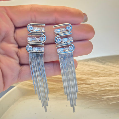 Glacier Baguette Silver Tassel Earrings