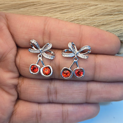 Silver Bowknot Cherry Stud Earrings