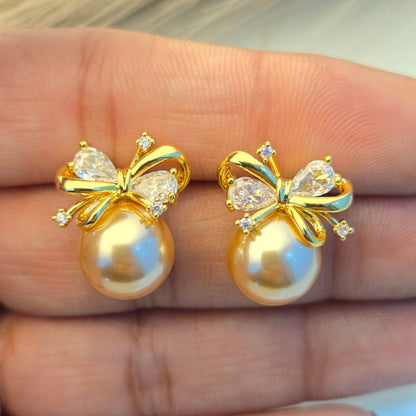 Gold Bow Pearl Stud Earrings