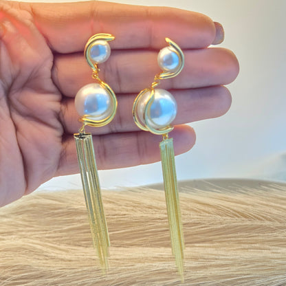 Gold Long Tassel Pearl Earrings
