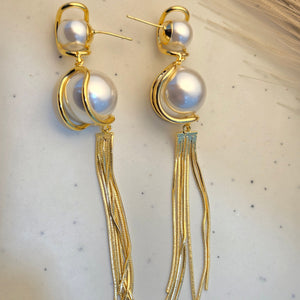 Gold Long Tassel Pearl Earrings