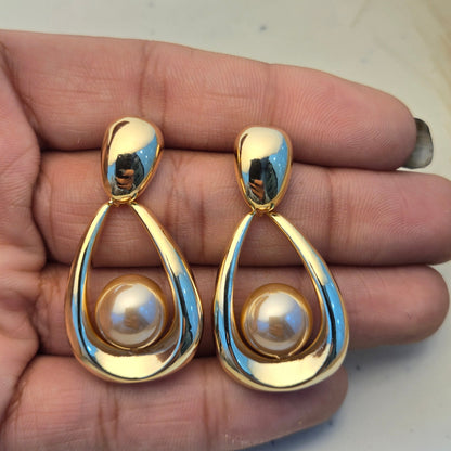 Abstract Gold Loop & Pearl Earrings