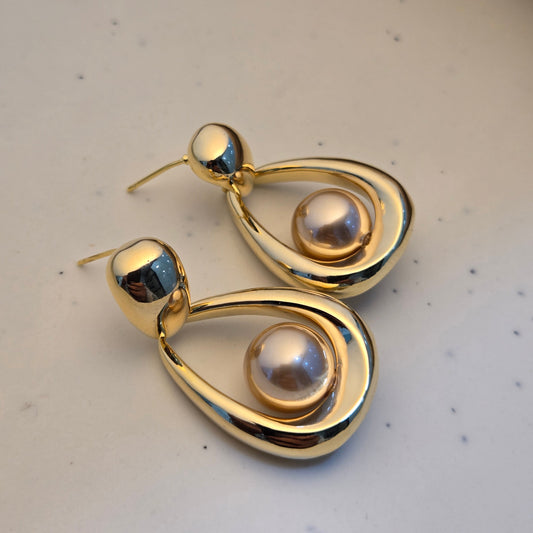 Abstract Gold Loop & Pearl Earrings