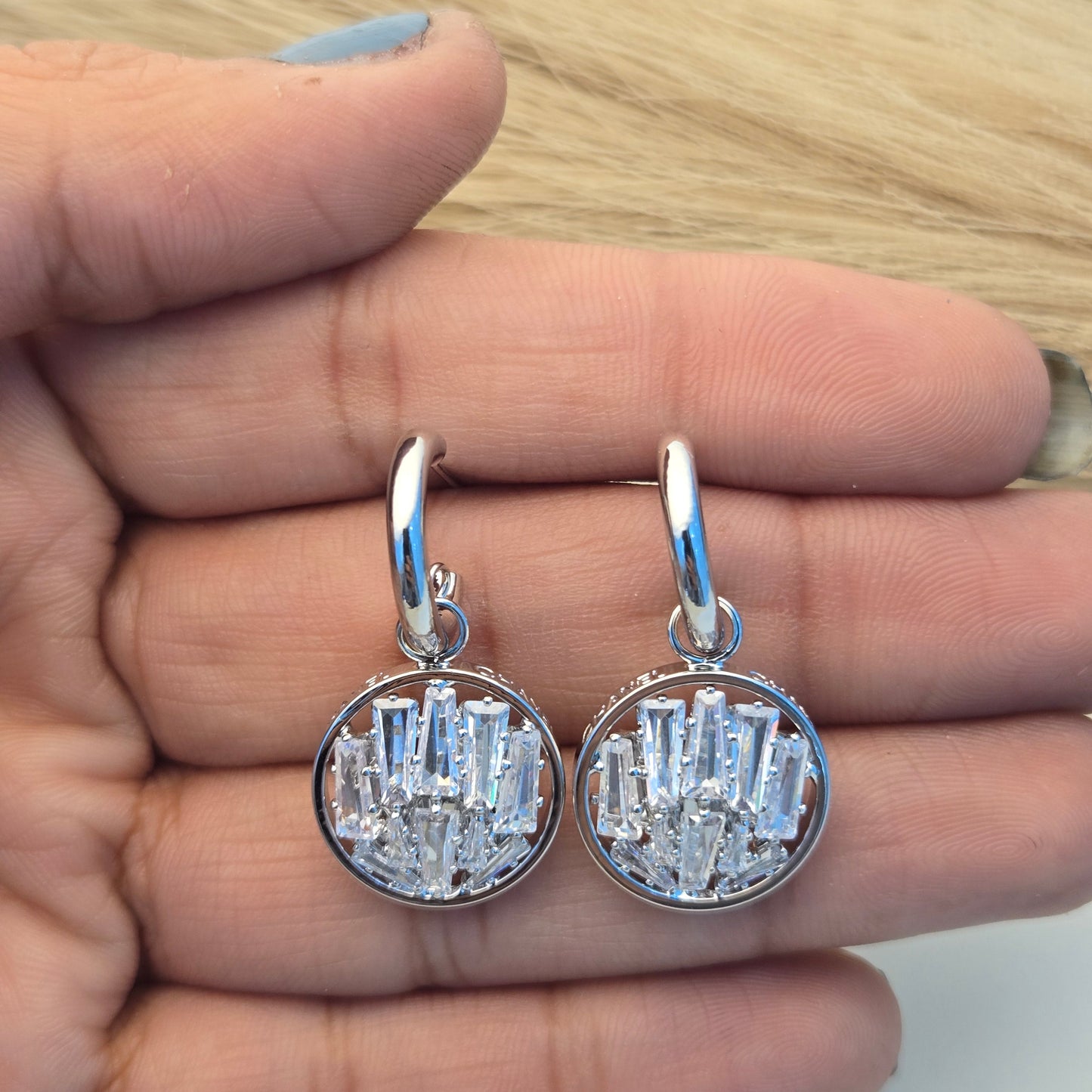 Pave Crystal Circle Silver Drop Earrings