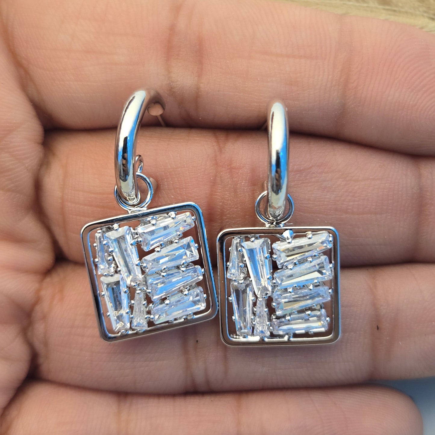 Baguette Crystal Square Silver Hoop Earrings