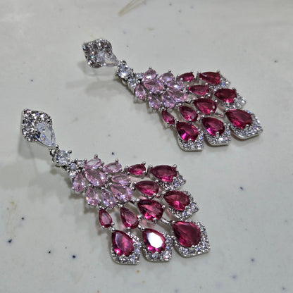 Cascading Pink Crystal Drop Silver Earrings