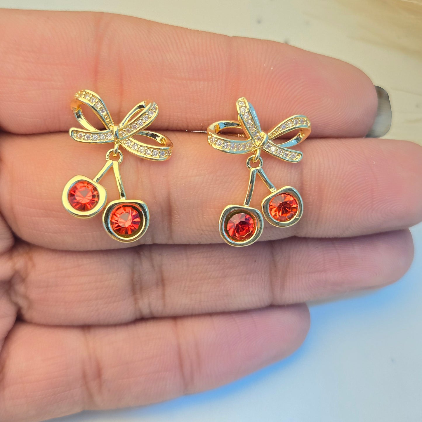 Cherry Blossom Gold Studs with Ruby Red Crystals