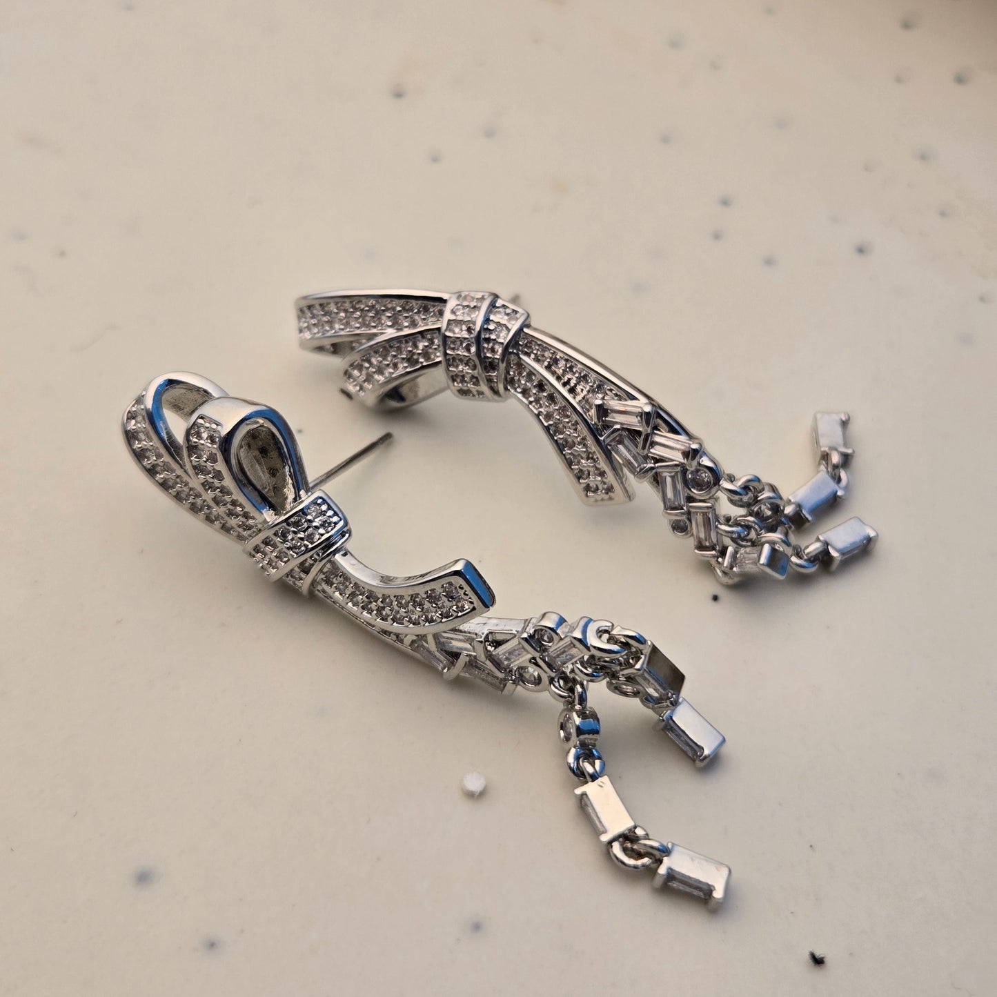 Crystal Long Ribbon Bow Silver Tassel Earrings