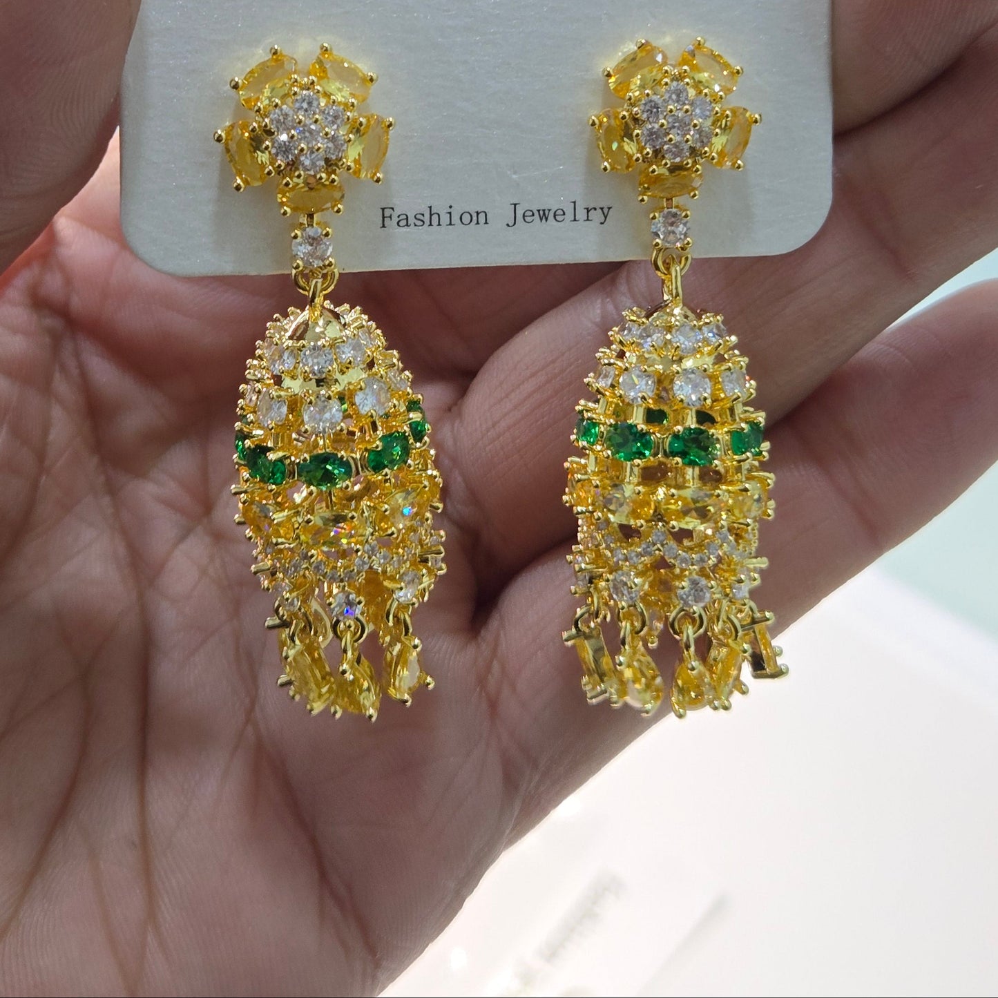 Yellow Sapphire and Emerald studded Gold plated Jhumkis