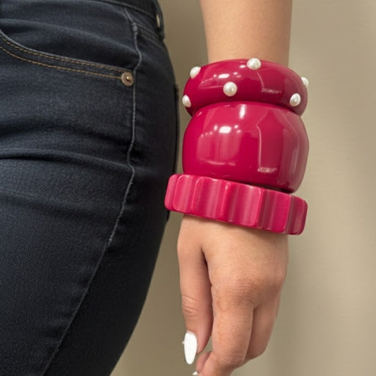 Glam Hot Pink Resin Bangle Stack with Pearl Accents
