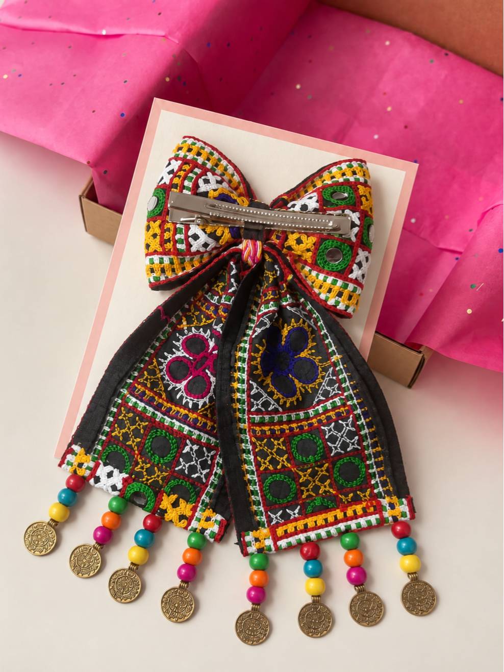 Embroidered Mirror Work Hair Bow Clip for Women