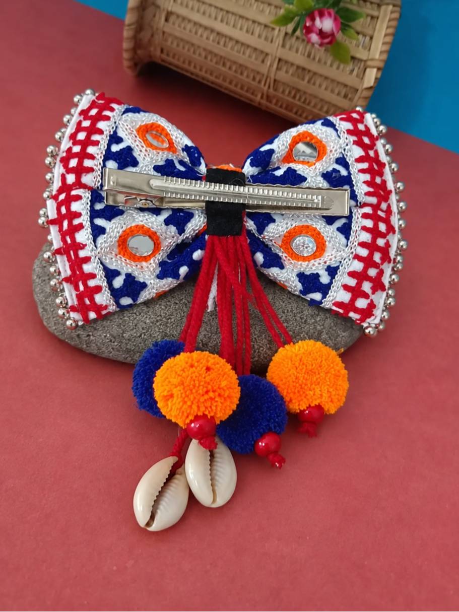 Mirror Work Bow Hair Clip With Pom-Pom & Cowrie