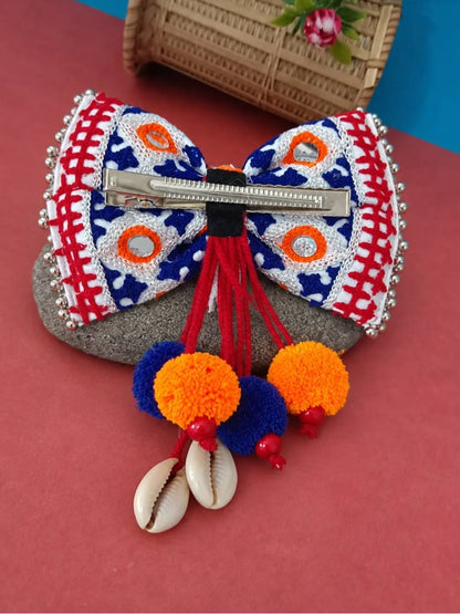 Mirror Work Bow Hair Clip With Pom-Pom & Cowrie