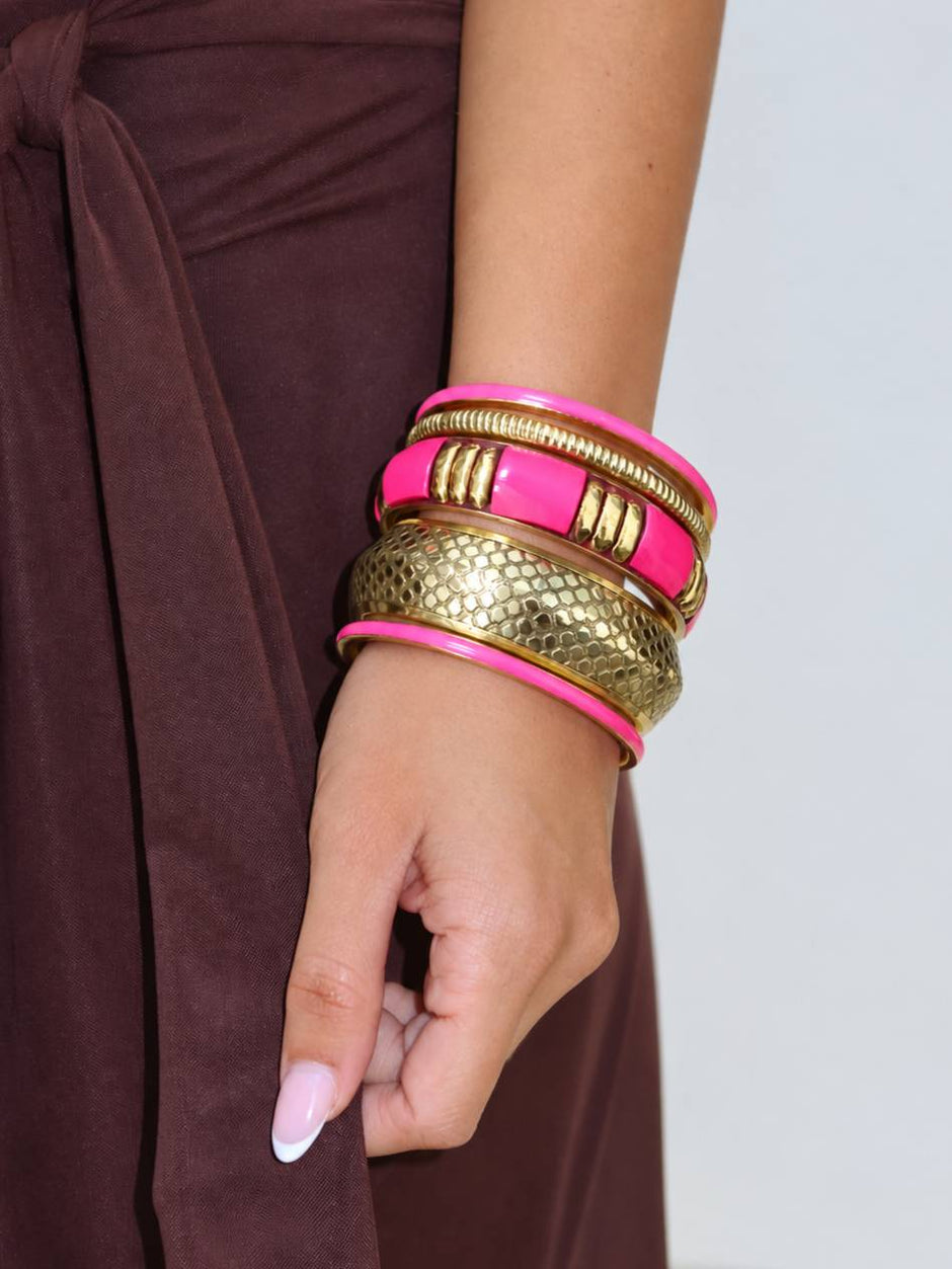 Gold-Tone Pink Enamel Bangle Stack for Women