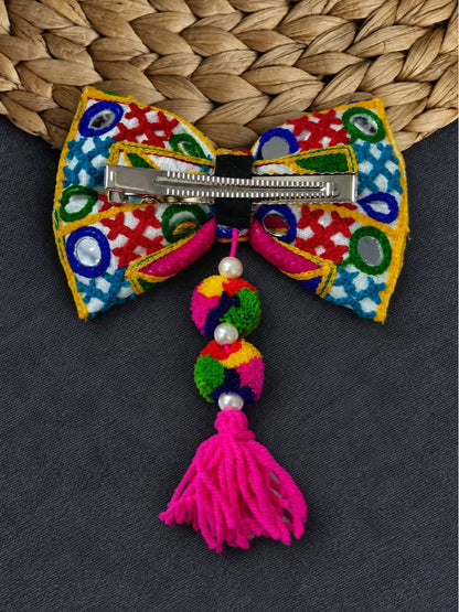 Mirror Work Embroidered Bow Hair Clip With Tassel