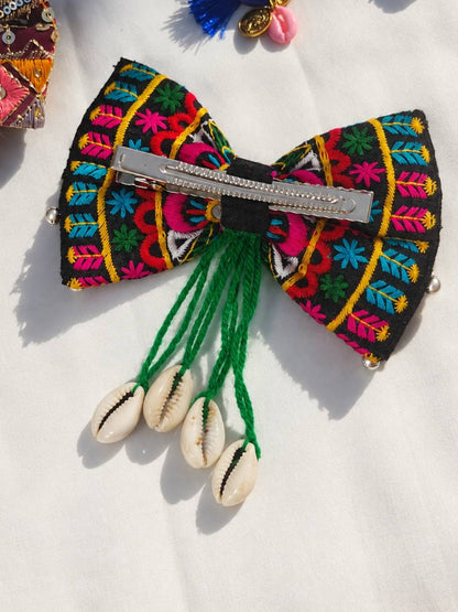 Embroidered Fabric Bow Hair Clip with Cowrie Shells