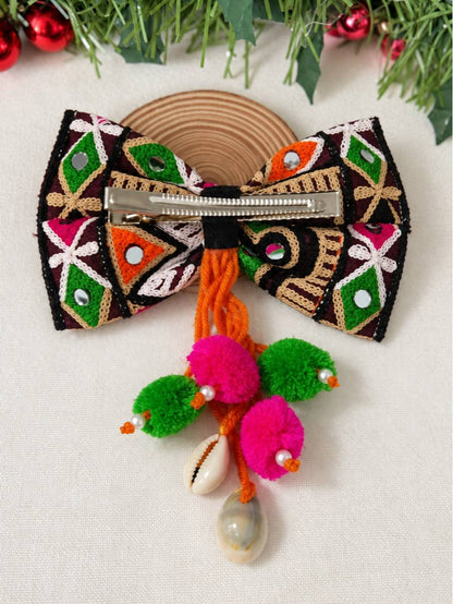 Embroidered Mirror Work Bow Hair Clip for Women