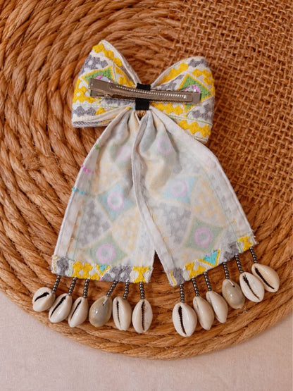 Mirror Work Embroidered Bow Hair Clip with Cowrie Shells