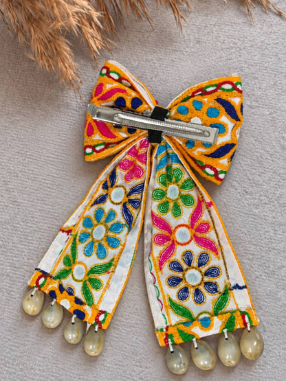 Embroidered Mirror Work Hair Bow Clip with Cowrie Shells
