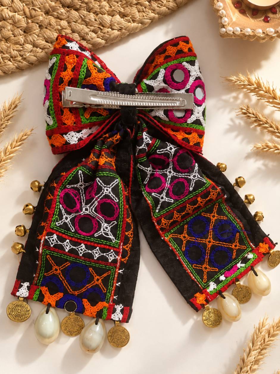 Mirror Work Embroidered Bow Hair Clip for Women