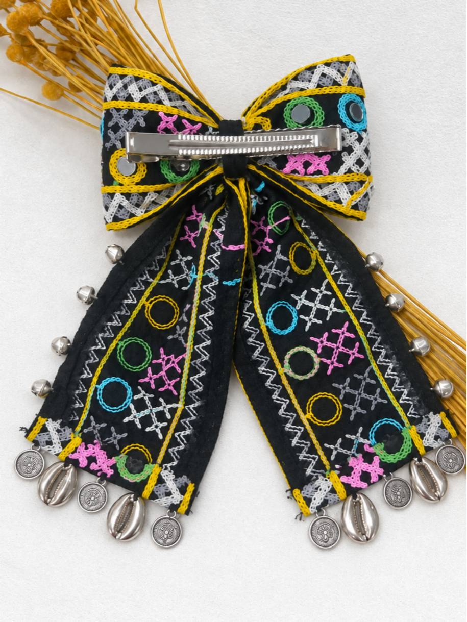 Embroidered Fabric Bow Hair Clip with Mirror Work